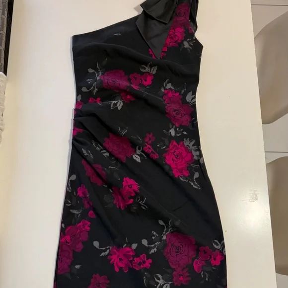 Jacob Black Spring Dress Feminine Elegance One Shoulder Pink Rose Print Asymmet - Picture 2 of 8